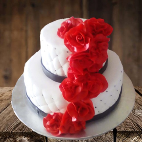 2 Tier Red Roses Customized Fondant Cake Delivery in Delhi NCR