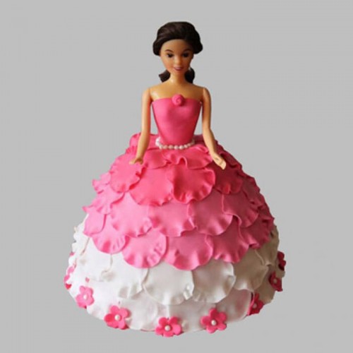 White & Pink Floral Barbie Fondant Cake Delivery in Gurugram