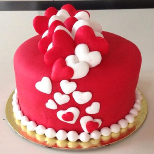 Red & White Heart Fondant Cake Delivery in Gurugram