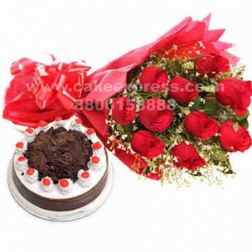 Black Forest Cake & Red Roses Bouquet Delivery in Gurugram