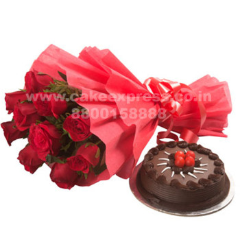 Chocolate Cake & Red Roses Bouquet Chocolate Cake & Red Roses Bouquet