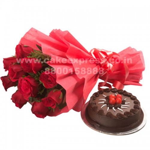 Chocolate Cake & Red Roses Bouquet Delivery in Gurugram