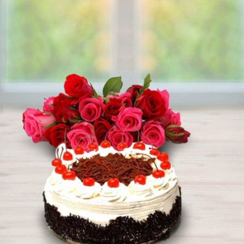 Delicious Black Forest Cake with Red Roses Delivery in Gurugram