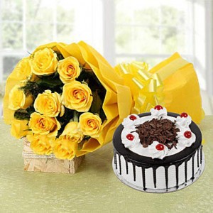 Yellow Roses Bouquet & Black Forest Cake Delivery in Delhi
