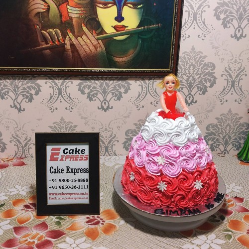Tri Color Floral Roses Barbie Cake Delivery in Gurugram