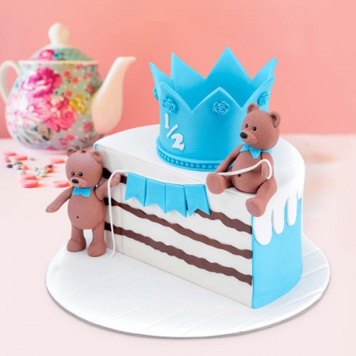 Teddy Bear Blue Half Year Birthday Fondant Cake in Gurgaon