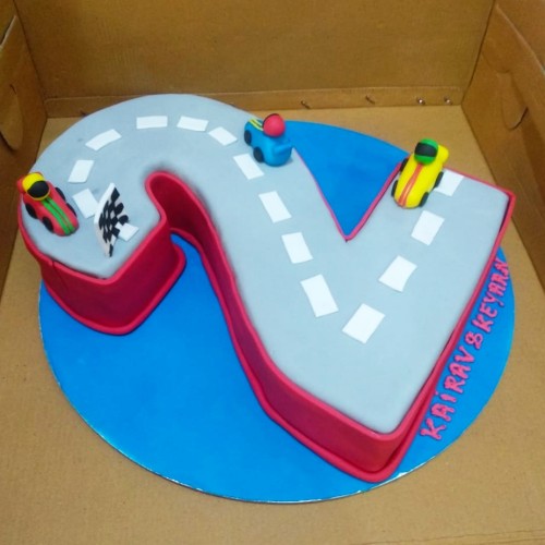 2 Number Car Race Fondant Cake Delivery in Gurugram 2 Number Car Race Fondant Cake Delivery in Gurugram