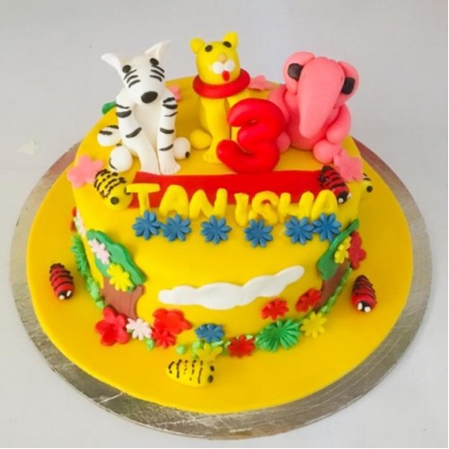 Animal Theme Yellow Fondant Cake Delivery in Gurugram