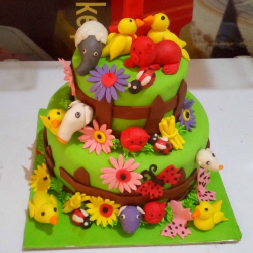 2 Tier Flower Garden and Animal Cake Delivery in Gurugram