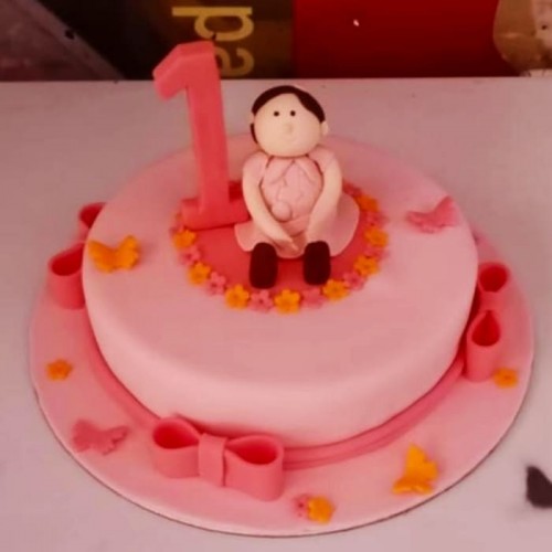 Little Girl 1st Birthday Pink Fondant Cake Delivery in Gurugram